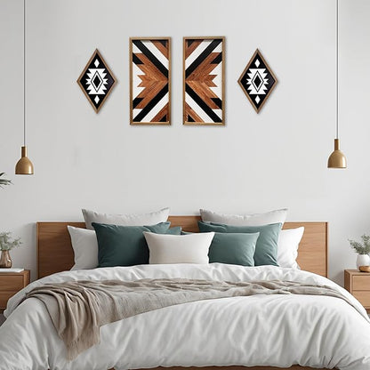2 Pcs Western Aztec Wall Decor With Wood Framed, 20.9x9.8 Inch Wooden Southwestern Boho Wall Art, Native American Living Room Bedroom Guest Bathroom Rustic Decorations for Home