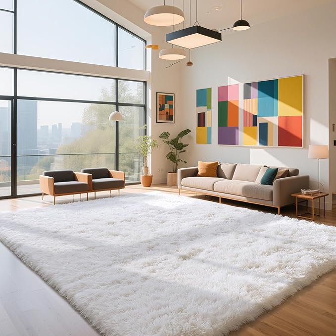 yongyangjuxin Fluffy Rug Shag Area Rug, White 9x12 Area Rugs for Living Room, Large Shag Area Rugs for Bedroom Kids Room Home Decor, Upgrade Anti-Skid Rectangular Fuzzy Rugs