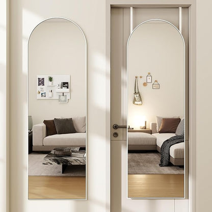 Arched Full Length Door Mirror 14x48, Metal Frame with Protective Film, No-Drilling Hanging or Wall Mount, Hooks & Hardware Included, Full Body Mirror for Bedroom, Dorm, White