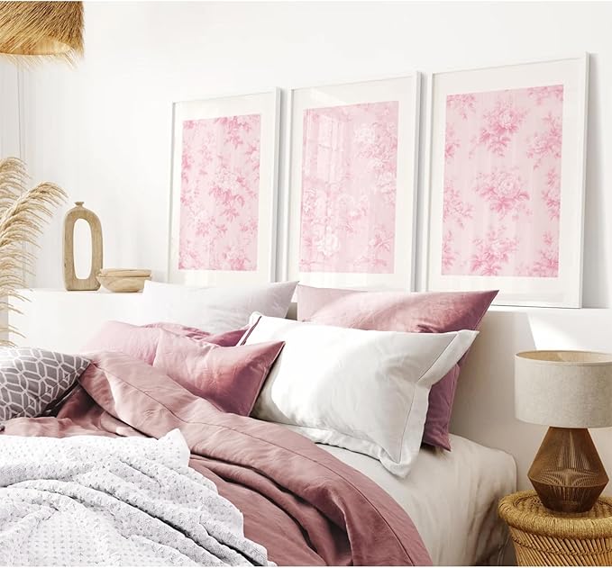 Baccone Pink Floral Wall Art Chinoiserie Flower Wall Decor Pictures Aesthetic Canvas Wall Art Love Shack Fancy Poster Vintage Floral Prints for Living Room Bedroom 12x16 Inch Unframed Set of 3