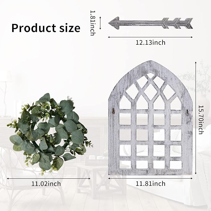 WAKOSAN Rustic Wood Window Frame with Green Wreath and Arrows Wall Decor，Farmhouse Window Frame Hanging Decor, Wooden Fake Decoration,Window Pane Wall Decor,Set of 2 (windows white)