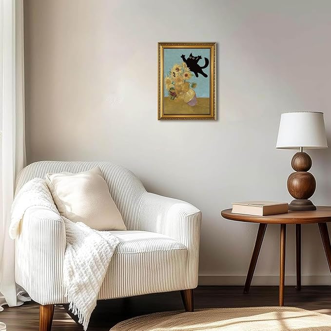 YD&YZY Gold Framed Funny Cat Wall Art Canvas Vintage Black Cat Wall Decor Van Gogh Sunflower Cute Animal Room Aesthetic Print Painting Picture Poster For Home Bedroom Dorm 12x16 inch Framed