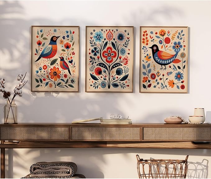 Scandinavian Folk Wall Art Nodic Flower Canvas Wall Decor Norwegian Wall Art Poster Swedish Antique Wall Decor Pictures Floral Bird Prints Vintage Poster for Home Kitchen 12x16x3 Inch Unframed