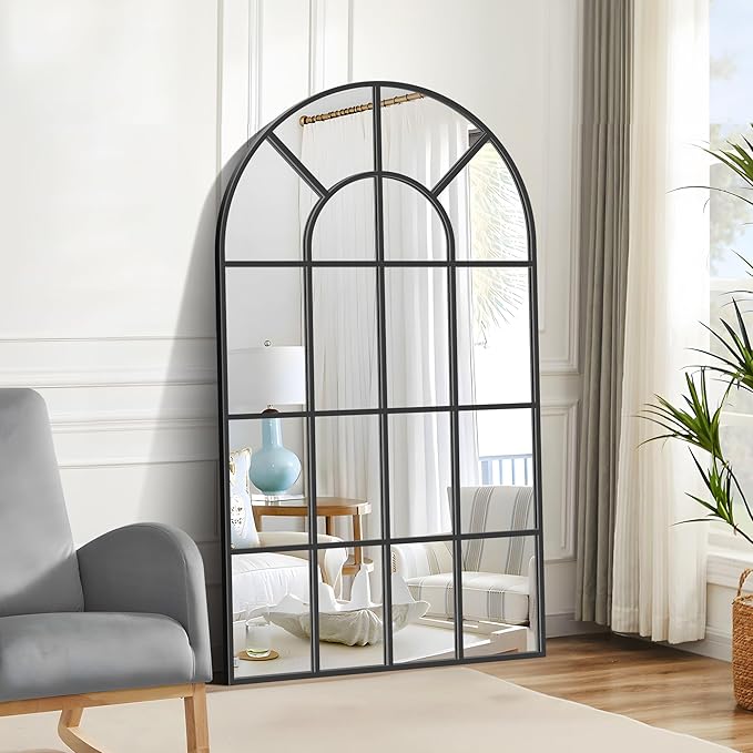 Arched Mirror, 30"x55" Arch Window Mirror, Black Frame Window Pane Wall Decor, Large Wall Mounted Decorative for Living Room Bedroom Entryway Hanging or Leaning Against