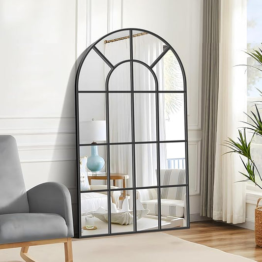 Arched Mirror, 30"x55" Arch Window Mirror, Black Frame Window Pane Wall Decor, Large Wall Mounted Decorative for Living Room Bedroom Entryway Hanging or Leaning Against
