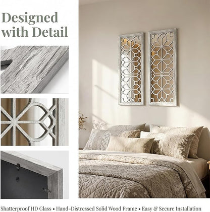 Set of 2 16x41.5 Inch Large Carved Floral Wood Frame Wall Mirrors, Shatterproof Boho Farmhouse Rustic Accent Mirrors for Living Room, Bedroom, Bathroom, Entryway & Home Wall Decor (Gray)