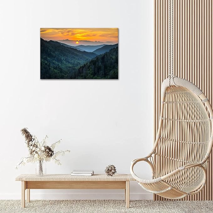 SKASNFAI Forest Sunrise Wall Art Decor Great Smoky Mountains Photo Prints National Park Landscape Canvas Painting Artwork Framed for Bedroom Living Room (20x30 inch)