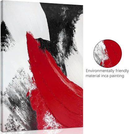 YPY Red Abstract Canvas Wall Art: Modern Minimalist Black and White Picture Hand Paint Textured Oil Painting Poster for Living Room Bedroom Bathroom Office Home Wall Decor 16x24