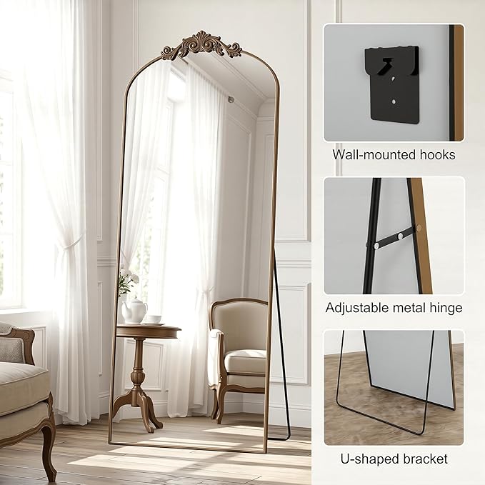 Antok Arched Full Length Mirror, 65"x24" Floor Mirror with Carved, Full Body Mirrors for HomeDecor, Standing/Halling Large Wall Mirror for Bedroom, Living Room, Cloakroom, Bronze, Vintage Style