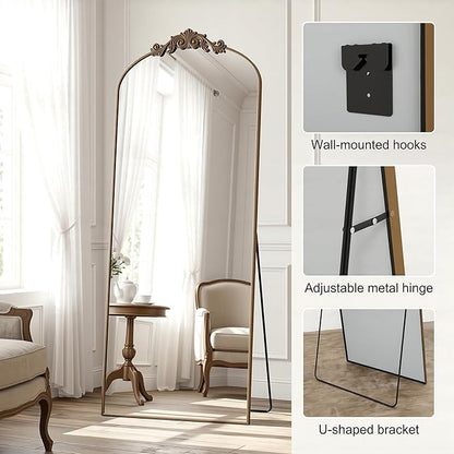 Antok Arched Full Length Mirror, 65"x24" Floor Mirror with Carved, Full Body Mirrors for HomeDecor, Standing/Halling Large Wall Mirror for Bedroom, Living Room, Cloakroom, Bronze, Vintage Style