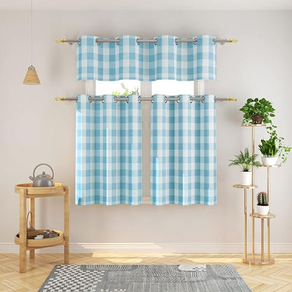 3 Pc Cotton Classic Country Farmhouse Kitchen Window Curtain Grommet Top -Sky Blue & White Buffalo Check Tier & Valance Set, 54" x 18" / 32" x 24"