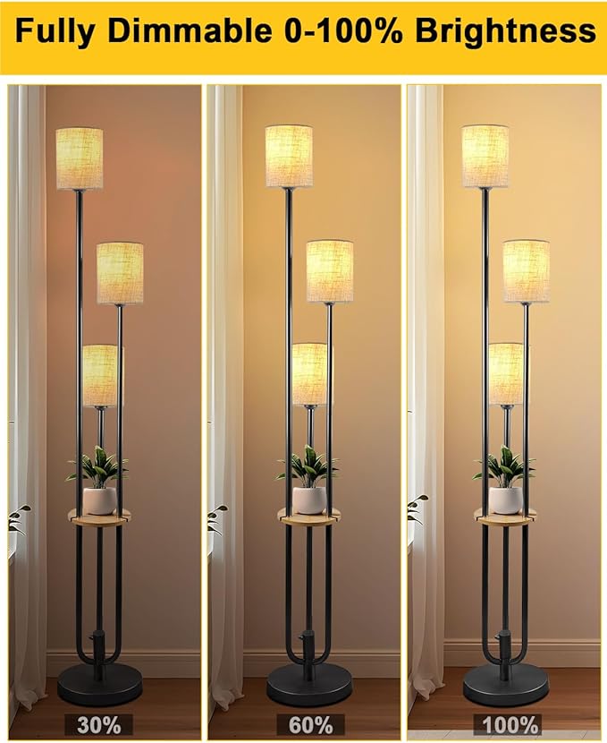 63IN Dimmable Floor Lamp with Shelf, Unique Black Tall Standing Lamps with Table, 3000K Warmwhite Mid Century Modern Floor Lamp with 5Lbs Heavy Base for Living Room/Bedroom (Bulbs Included)