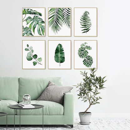 HoozGee Botanical Wall Art Prints Set of 6 Tropical Leaves Canvas Decor Plant Leaf Boho Wall Decor Pictures Green Boho Posters Art Set Bathroom Wall Art Poster (11"x14" UNFRAMED)