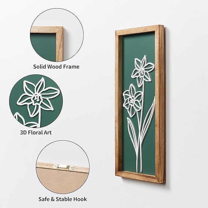 HKBS 3D Wooden Floral Wall Art, Set of 4 Framed Flowers Wall Art Sculptures, Boho Farmhouse Minimalist Decor for Bathroom Bedroom Living Room Kitchen or Office Wall Decorations Housewarming Gifts (Green)
