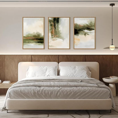 KAIRNE Green Abstract Neutral Framed Canvas Wall Art Set,Modern Watercolor Shapes Wall Decor,Minimalist Pastel Art Prints,Brown Gray Tan Artwork for Living Room,Bedroom,Farmhouse,Office-24 x36 x3