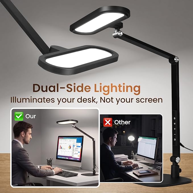 LIONVISON LED Desk Lamp for Home Office: Eye-Caring Clamp & Stand Double Side Desk Light with Remote & Memory - Stepless Dimming & Color Adjustable Table Lamps for Zoom Study Video Conference