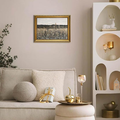 YD&YZY Gold Framed Vintage Wall Art Canvas Landscape Meadow with Flowers Farmhouse Wall Decor Rustic Modern Cottagecore Nature Painting Picture Print for Bedroom Home Decor 12x16 inch Framed