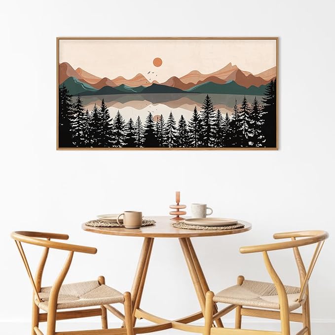 KAIRNE Vintage Mountain Lake Framed Canvas Wall Art Set, Mid Century Forest Wall Decor, Nature Pine Tree Art Prints, Modern Boho Sunset Artwork for Living Room,Bedroom,Farmhouse,Office-40 x20 x1