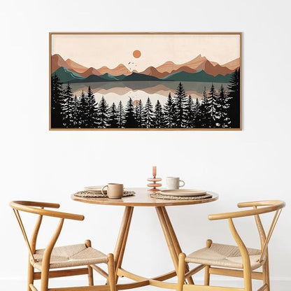 KAIRNE Vintage Mountain Lake Framed Canvas Wall Art Set, Mid Century Forest Wall Decor, Nature Pine Tree Art Prints, Modern Boho Sunset Artwork for Living Room,Bedroom,Farmhouse,Office-40 x20 x1