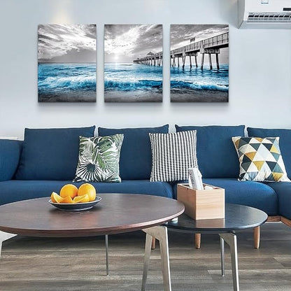 Large Framed Canvas Wall Art - Black And White Blue Ocean Sea Wave Pictures - Modern Wall Decor For Living Room, Bedroom, Office
