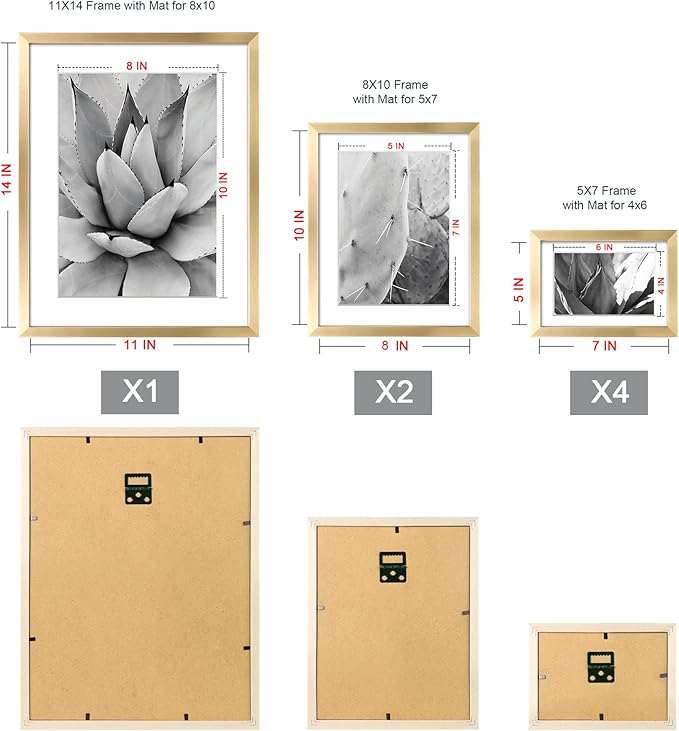 ArtbyHannah 7 Pack Gold Gallery Wall Picture Frames Sets with Decorative Botanical Art Prints for Photo Frame Collages for Home Decoration, Multiple Sizes 11x14x1, 8x10x2, 5x7x4