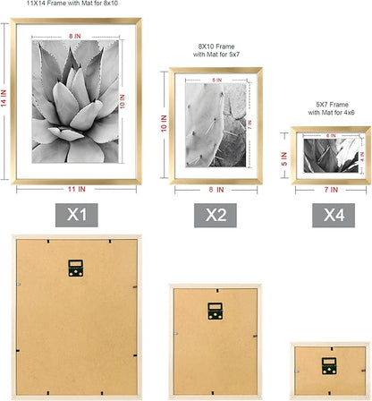 ArtbyHannah 7 Pack Gold Gallery Wall Picture Frames Sets with Decorative Botanical Art Prints for Photo Frame Collages for Home Decoration, Multiple Sizes 11x14x1, 8x10x2, 5x7x4