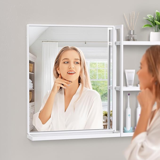 White Metal Framed Bathroom Mirror with Shelf, 40" X 24.4" Rectangular Wall Mounted Bathroom Vanity Mirror, Modern Bathroom Mirror with Storage for Over Sink, Entryway