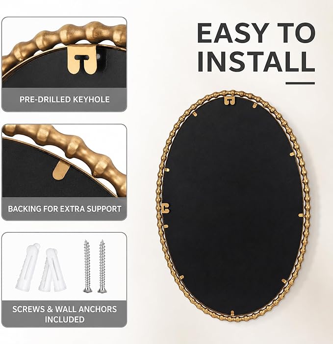 24x36 Inch Oval Wall Mirror with Antique Gold Beaded Frame, Vertical or Horizontal Hanging Vanity Mirror for Bathroom, Powder Room or Bedroom, Decorative Oval Mirror Wall Decor