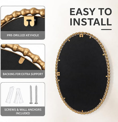 24x36 Inch Oval Wall Mirror with Antique Gold Beaded Frame, Vertical or Horizontal Hanging Vanity Mirror for Bathroom, Powder Room or Bedroom, Decorative Oval Mirror Wall Decor