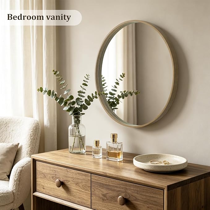 HOMECOOKIN Round Wood Mirror 24 inch Circle Mirror, Rustic Farmhouse Wooden Framed Natural Decorative Wall Decor, Vanity Wall Mirror for Bathroom, Bedroom, Entryway, Living Room (Honey)