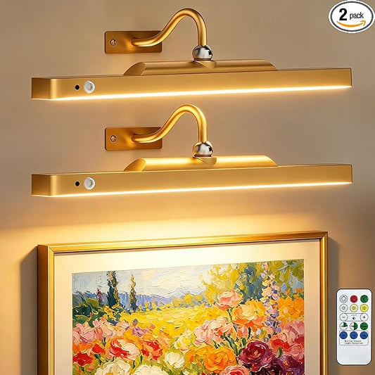 16" Gold Picture Light for Wall, Battery Operated Rechargeable Art Light with 6000mAh Battery, Motion Sensor, Remote, 3CCT Dimmable Cordless Painting Light for Artwork, Gallery, Hallway, 2 Pack