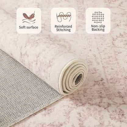 Rugxara 8x10 Pink Area Rug for Living Room & Bedroom, Large Washable Rugs for Nursery,Girls Room,Non Slip, Durable Low Pile Carpet, Vintage Carpets for Office, Dining Room, Kids Room and Farmhouse