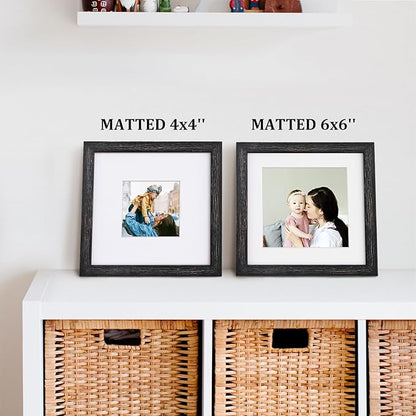 Egofine 8x8 Picture Frame Made of Solid Wood with Plexiglass, Display Pictures 4x4/6x6 with Mat or 8x8 Without Mat Set of 4 for Tabletop and Wall Mounting, Driftwood Black