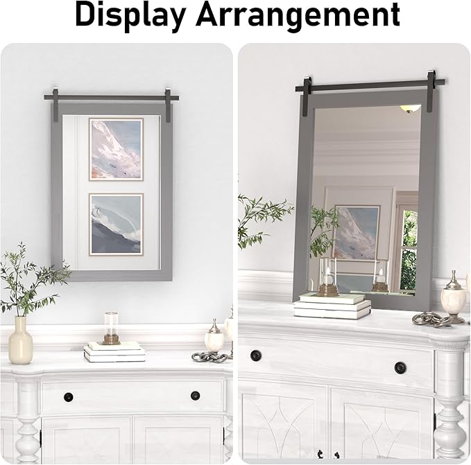 Farmhouse Wall Mirror, Rustic Wood Frame Bathroom Mirror Barn Door Inspired Decorative Vanity Dress Mirrors for Living Room Entryway, 18x26 INCH Gray Vertical