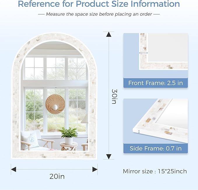 Tanmicoshomy Arched Bathroom Mirror 20x30 Inches, Natural Shell Inlay White Framed Mirrors with Tempered Glass for Bathroom Living Room Bedroom or Entryway