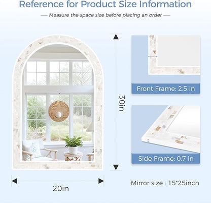 Tanmicoshomy Arched Bathroom Mirror 20x30 Inches, Natural Shell Inlay White Framed Mirrors with Tempered Glass for Bathroom Living Room Bedroom or Entryway
