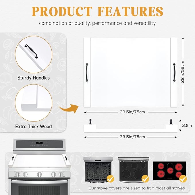 GASHELL Noodle Board Stove Cover with Handles, Multiple Stove Top Cover Board for Electric/Gas Stove Top(White)