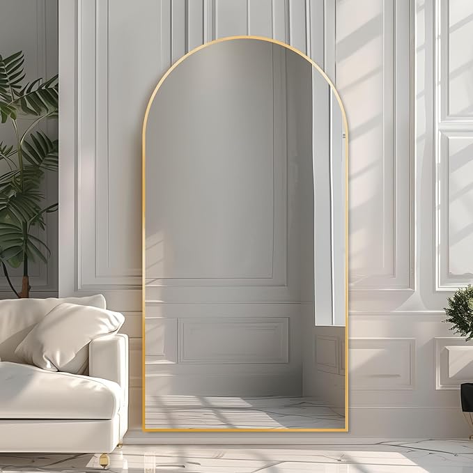 Beauty4U Arched Full Length Mirror 76" x 34", Gold Large Full Body Mirror with Stand, Floor Standing & Wall Mounted HD Tempered Glass Dressing Mirror for Bedroom, Living Room, Entryway