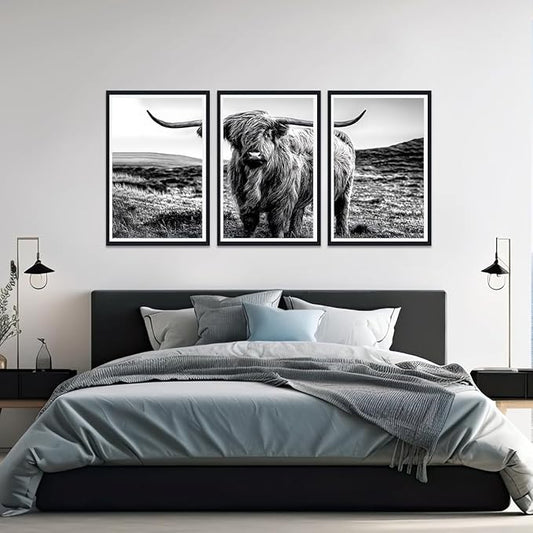 Yatsen Bridge Farmhouse Highland Cow Canvas Wall Art Black White Vintage Farmhouse Cow Picture for Kitchen Wall Decor Country Animal Print Artwork for Living Room Bedroom Decoration 16x24inchx3pcs