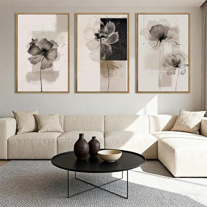 IARTTOP Framed Black Neutral Large Wall Art 16x24 Inch White Beige Abstract Floral Canvas Wall Decor Modern Minimalist Flower Paintings for Living Room Bedroom Dining room Set of 3