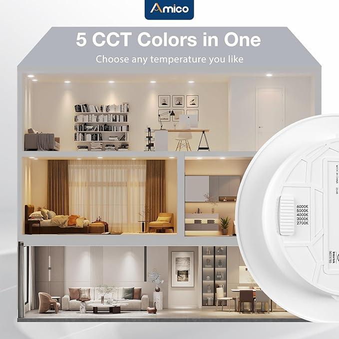 Amico Recessed Lighting 5/6 Inch, 24 Pack 5CCT Flat LED Can Lights, 2700K/3000K/4000K/5000K/6000K Selectable,12W Eqv 120W, 1050LM Brightness, Retrofit Installation - ETL & FCC