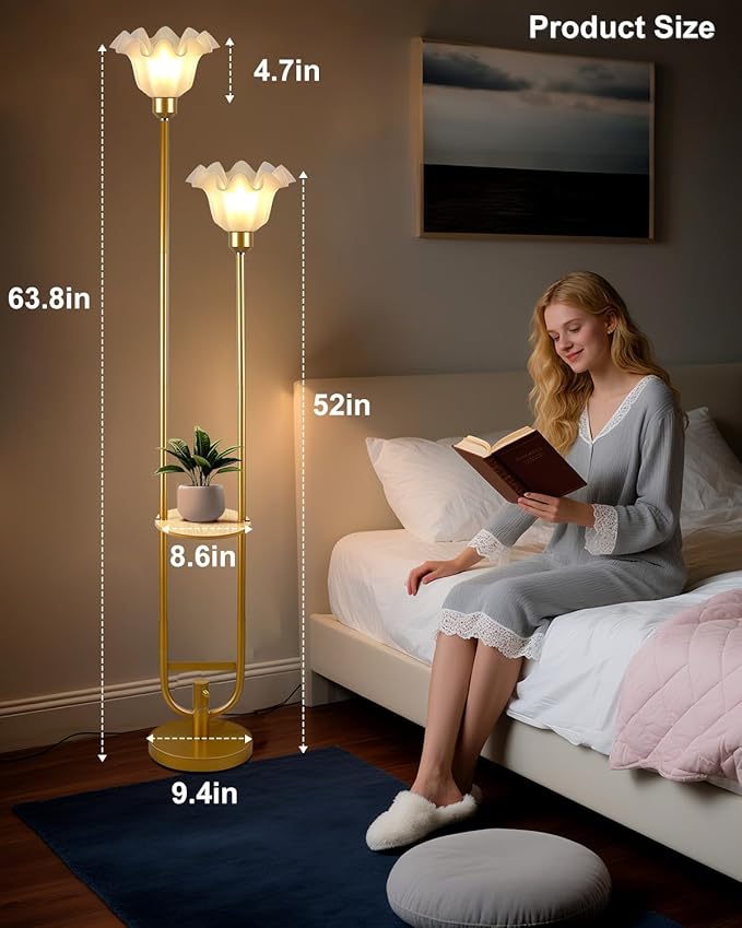 Dimmable Flower Floor Lamps with Table, 2-Lights Dimmable Floral Floor Lamp, 3000K Warmwhite Modern Floor Lamp, Vintage Gold Standing Lamp with 5Lbs Heavy Base for Living Room Bedroom