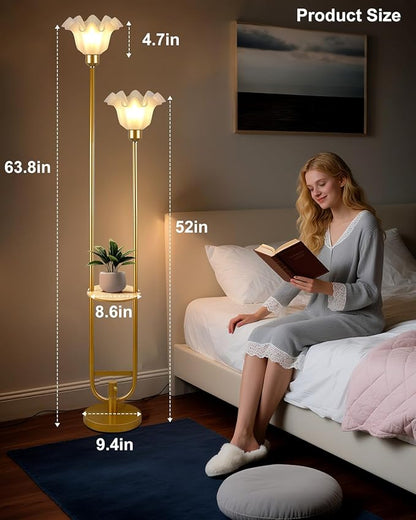 Dimmable Flower Floor Lamps with Table, 2-Lights Dimmable Floral Floor Lamp, 3000K Warmwhite Modern Floor Lamp, Vintage Gold Standing Lamp with 5Lbs Heavy Base for Living Room Bedroom