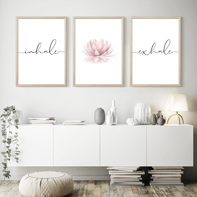 Inhale Exhale Wall Art Zen Canvas Decor Yoga Lotus Wall Art Calming Meditation Artwork Pink Yoga Poster Zen Pictures Painting for Living Room Bedroom 16x24 Inch Wood Framed Set of 3