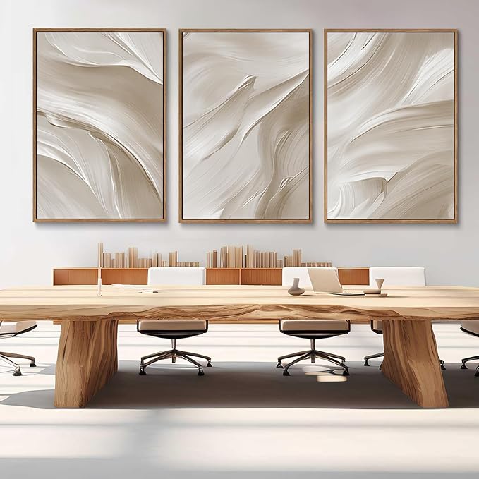 myusuar 3 Piece Large Abstract Framed Wall Art For Living Room, Smoke Texture Ink Beige White Canvas Wall Art Modern Minimalist Art Prints Wall Décor For Bedroom Office 24x36in