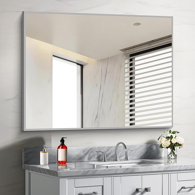 COFENY 30x40In Silver Bathroom Mirror for Wall, Brushed Nickel Rectangle Mirrors with Metal Frame, Bathroom Rectangular Mirror Modern Wall Mirror for Bedroom Living Room, Hangs Horizontal or Vertical