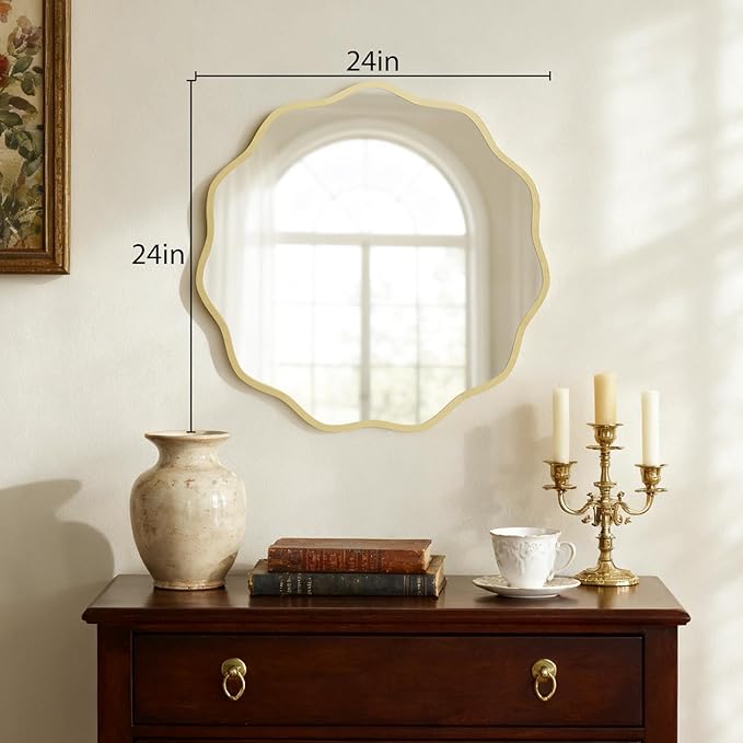 HOMECOOKIN 24" Wavy Round Wall Mirror, Gold Scalloped Circle Mirror Edge Round with Metal Frame, Modern Decorative Hanging/Leaning Mirrors for Bathroom, Hotels, Hallway, Entryway, Vanity, Office