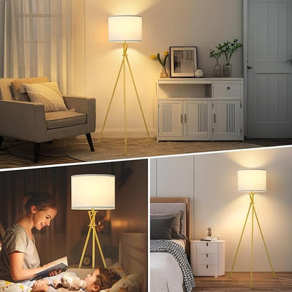 Gold Tripod Floor Lamp, 61”Tall Floor Lamps, Standing Lamp with Rotary Switch, Modern Floor Lamp Simple Design with White Shade, Floor Lamps for Living Room, Bedroom, Office, Without Bulb