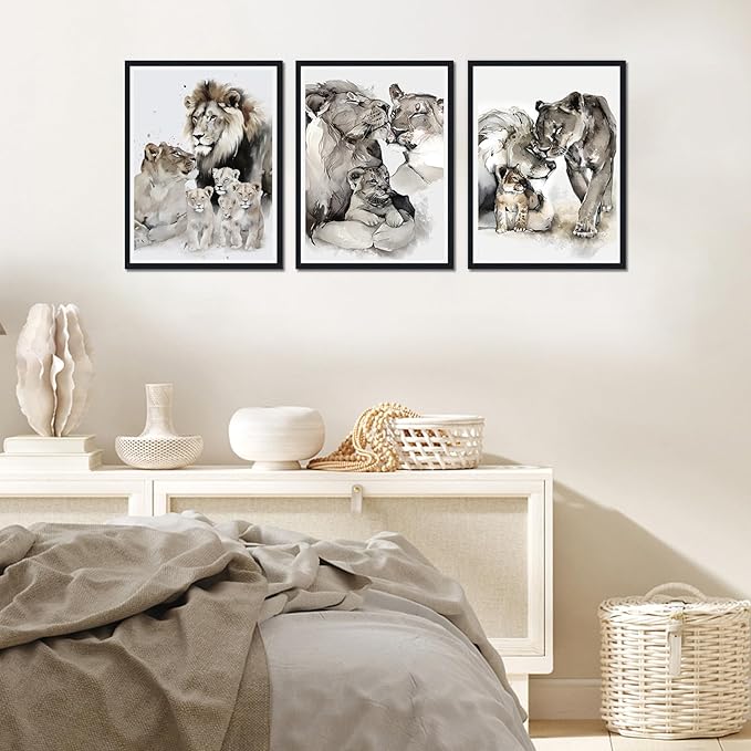 Lion Family Framed Canvas Wall Art Wildlife Animal Decor for Country House Apartment Living Room Vintage Farmhouse Nature Lion Portrait Print Artwork Wall Decor Easy to Hand 12x16inchx3pcs