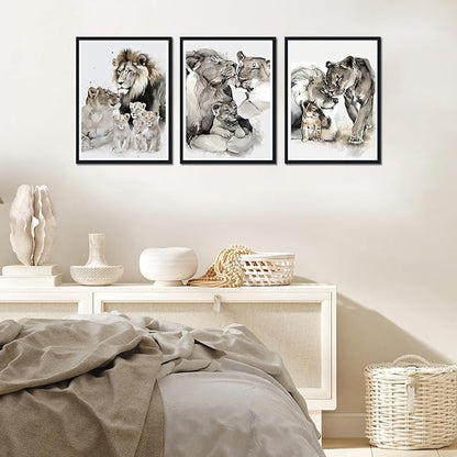 Lion Family Framed Canvas Wall Art Wildlife Animal Decor for Country House Apartment Living Room Vintage Farmhouse Nature Lion Portrait Print Artwork Wall Decor Easy to Hand 12x16inchx3pcs